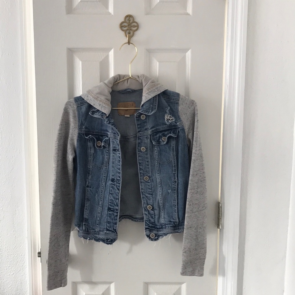 Hollister Denim Jean Jacket with Gray Sweatshirt sleeve and hood XS